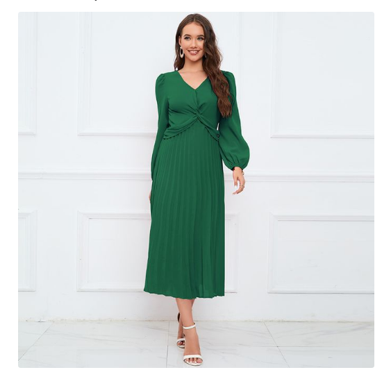 Women Long Sleeve V-neck Slim Pleated Long Dress